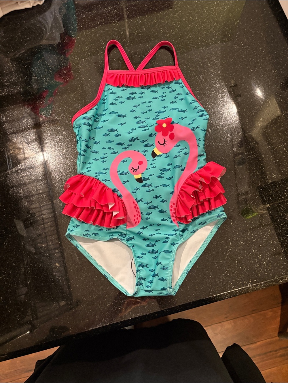 NWT One-Piece Flamingo Swim Suit - Turquoise & Hot Pink